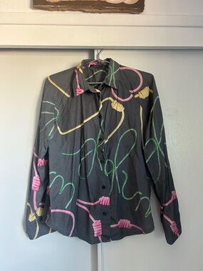 Women's Black Button-Front Blouse with Pink, Green & Yellow Graphic Print